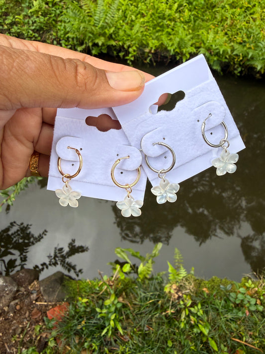 Mother of Pearl Shell Plumeria Hoop Earrings